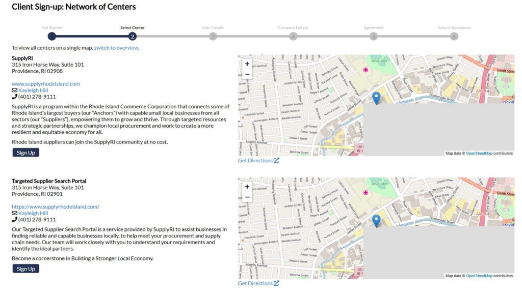 A screenshot of the ecenter application area displaying the step where the applicant chooses their center.
