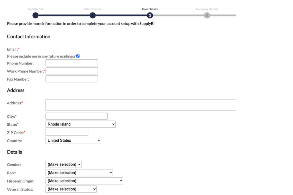 A screenshot of the ecenter application interface that shows the user details fields to complete